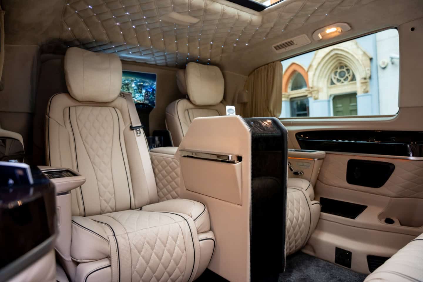 Luxury Private Jet Interior Elegant private jet interior with plush leather seats and advanced entertainment system.